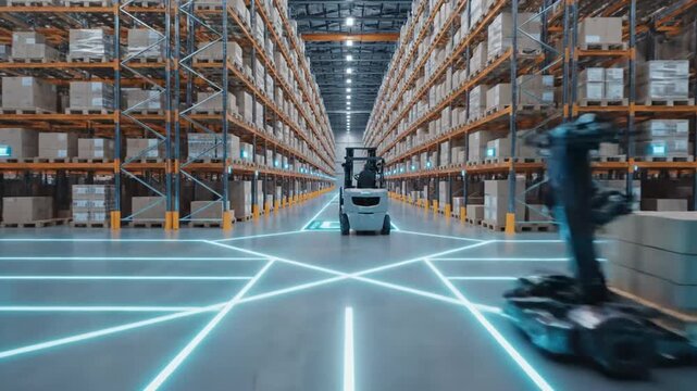 Automated warehouse with smart forklift and digital paths.