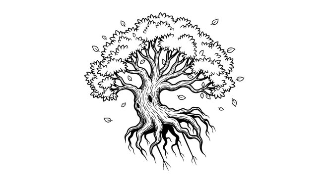 Detailed tree of life illustration with intricate root patterns.