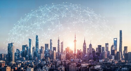 Fototapeta premium Global network overlaying modern city skyline during sunset with bright sunbeams and glowing connection points
