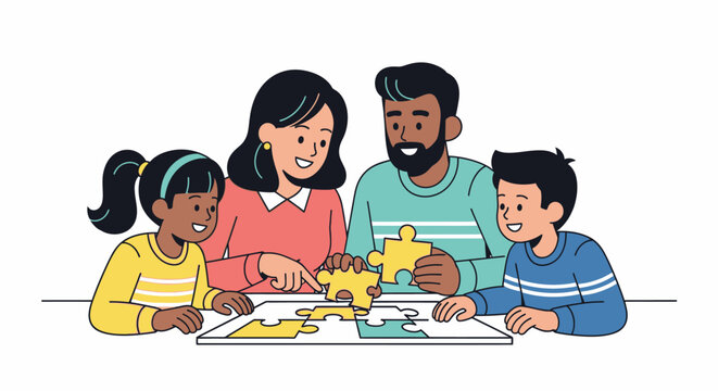 Family assembling puzzle together showing teamwork and problem solving concept