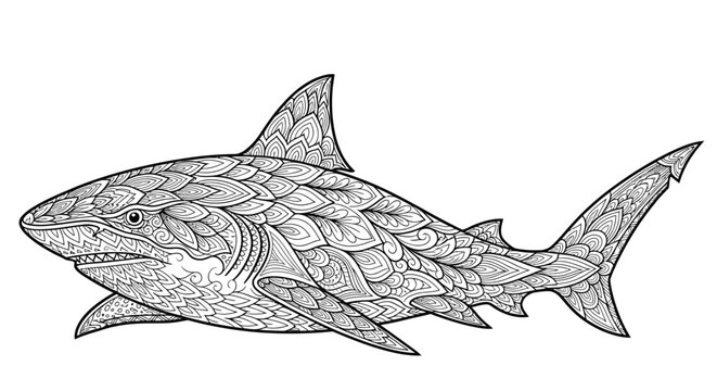 Detailed shark coloring page with zentangle patterns and ornaments.