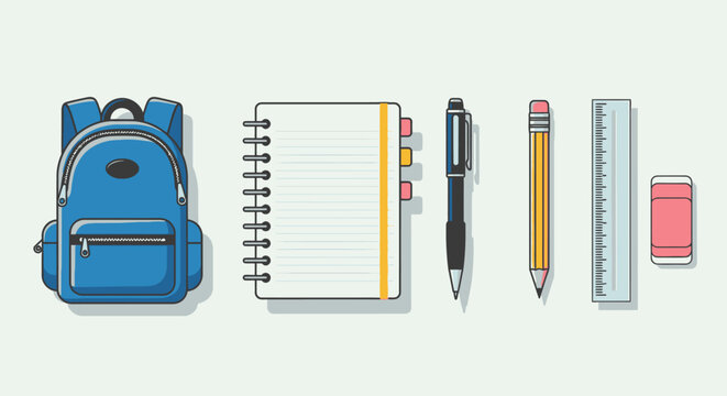 School supplies illustration notebook backpack pen pencil ruler and eraser