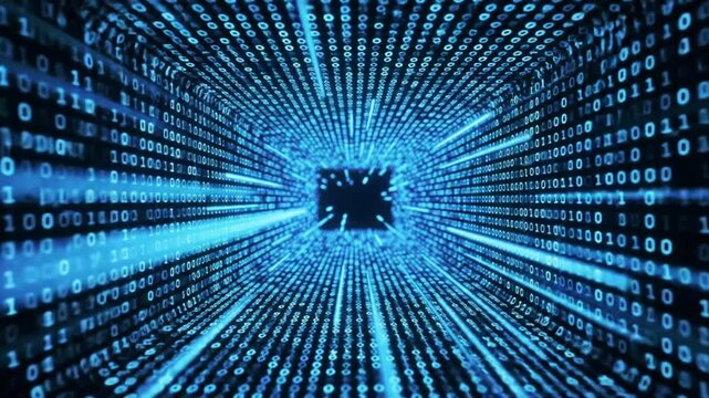 Blue binary code tunnel with glowing processor core.