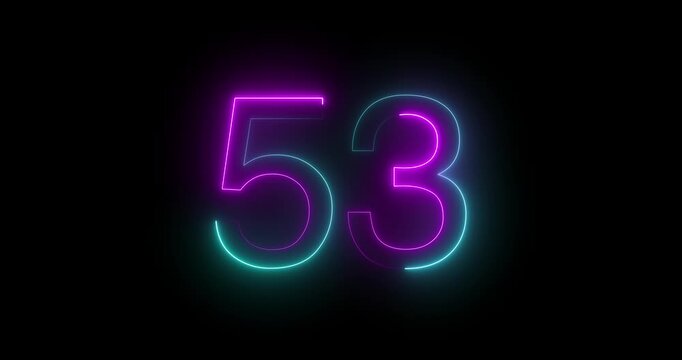 Glowing neon 53 text number animation on black background. Bright neon 51 number symbol. glowing neon number animation concept
