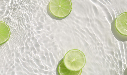 Fresh green lime slices floating in clear water with ripples texture. © Bowonpat