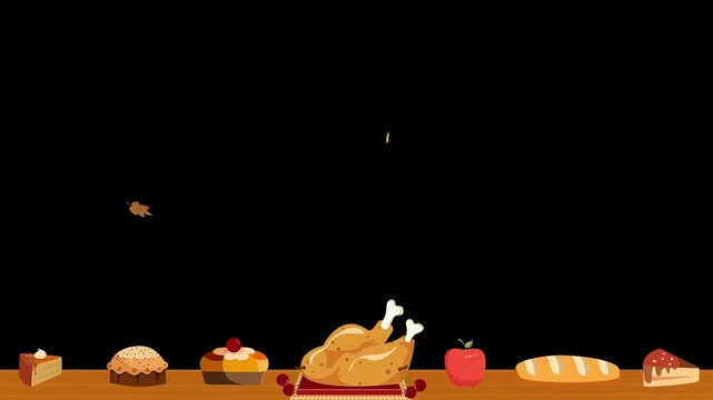Animated thanksgiving feast with roasted turkey pies and bread on a table with falling autumn leaves