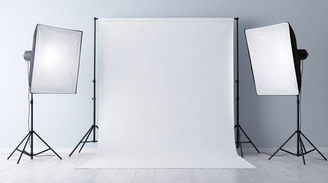 Professional photography studio setup with seamless white background and softbox lighting equipment