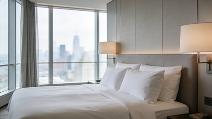 Fototapeta premium Luxury bedroom overlooks city skyline