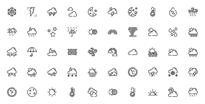 Weather 4384 icon set. Minimal weather icons pack. Includes symbols for Snowflake, Thunder, Cloudy, Rain, Wind, Snowy, Temperature, Moon, Sun and more.