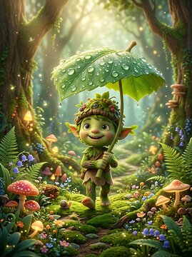 Fairy with green umbrella strolls through enchanted forest with mushrooms and flowers