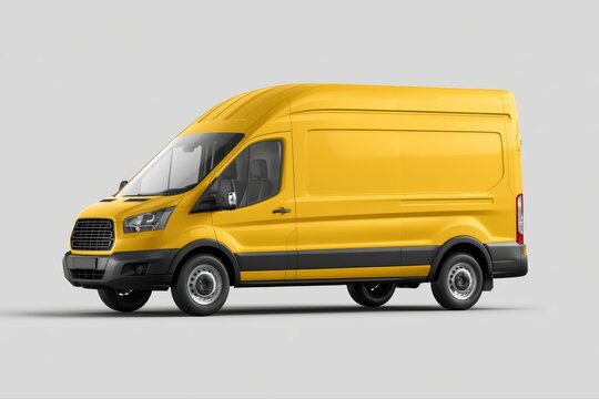 Yellow delivery van side front view isolated on transparent background, realistic commercial vehicle mockup, shadow included