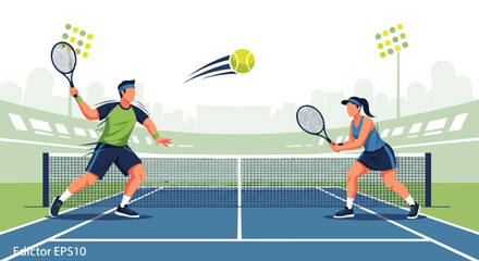 Professional Tennis Match with Male and Female Players © Bakol