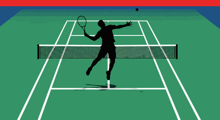 Fototapeta premium Silhouette of a Tennis Player Serving on the Court