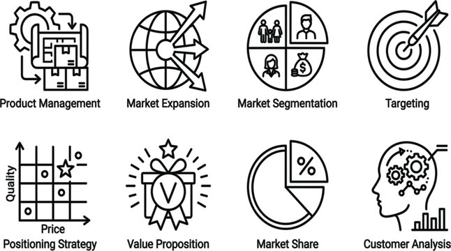 Minimalist business strategy and marketing line icon set with market segmentation and targeting symbols vector