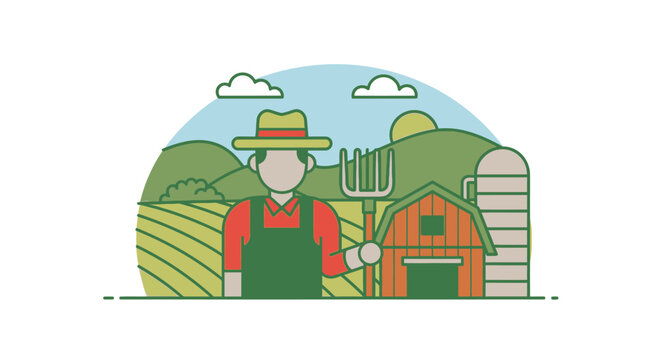 Cartoon farmer with pitchfork standing in front of farm buildings and fields