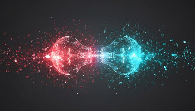 Red and blue lightbulbs exploding in digital style with code