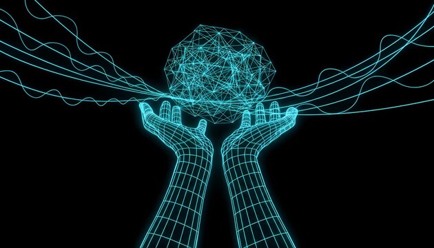 Digital wireframe hands holding a glowing geometric data sphere