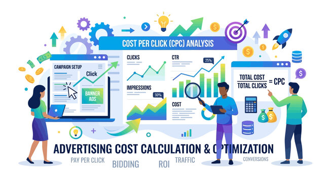 People analyze advertising cost calculation with graphs and charts