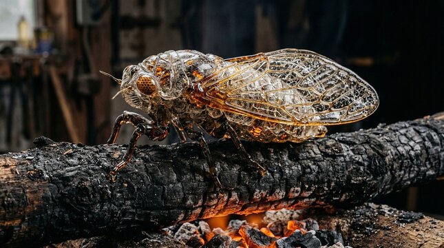 Translucent glass cicada sculpture resting on charred wood with glowing embers underneath