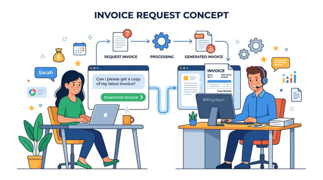 Two office workers request invoice on computers at desks