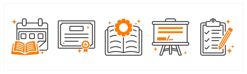 A set of 5 icons as study plan, certificate, module in orange color © popcornarts