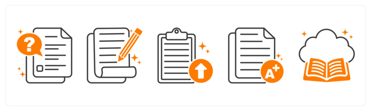 A set of 5 icons as quiz, exam, upload assignment in orange color
