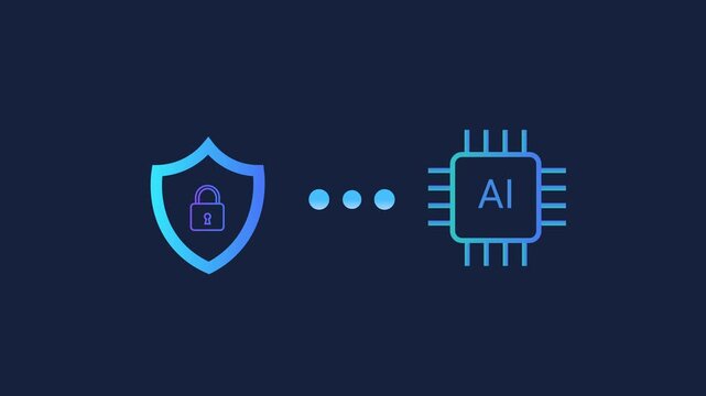 Animated motion graphics showing a security shield with a padlock icon connecting to an AI processor chip. Concept of cyber defense, hardware encryption, and artificial intelligence safety