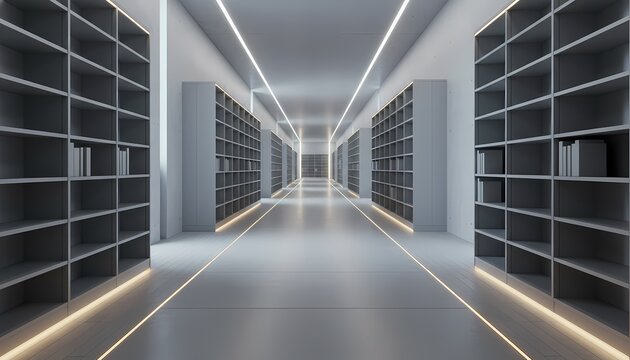 Modern minimalist library interior with empty shelves