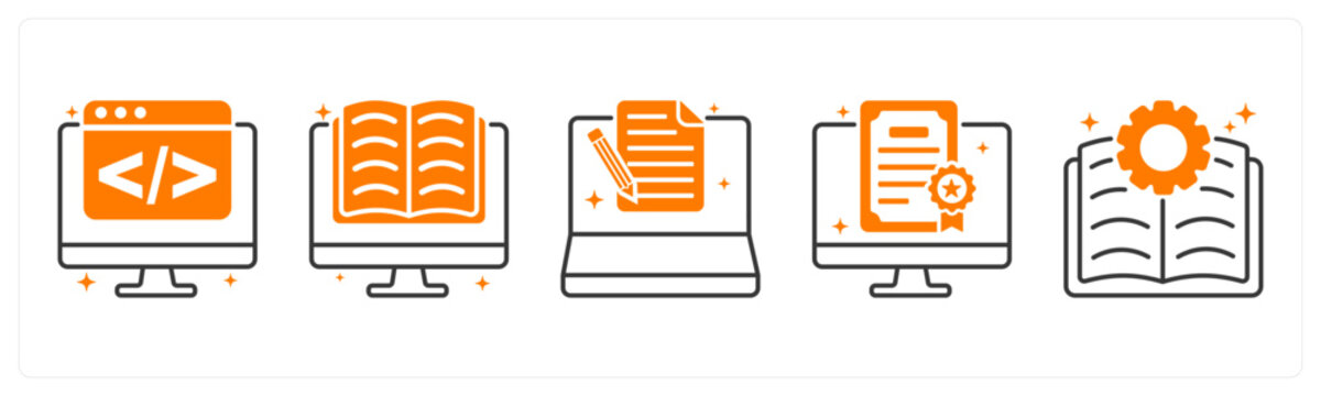 A set of 5 icons as programming, e learning, exam online in orange color