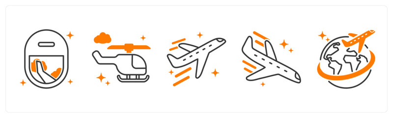 A set of 5 icons as plane window, helicopter, airplane takeoff in orange color © popcornarts
