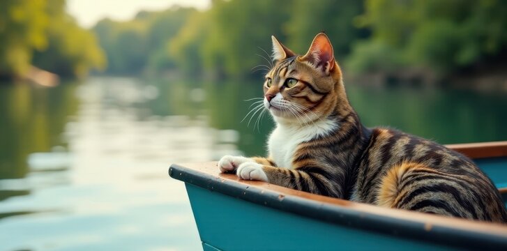 Feline cat resting on a boat with calm surroundings, nature, peaceful