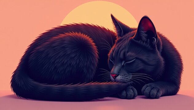 Feline silhouette curled around paws, eyes closed in slumber, cat, feline