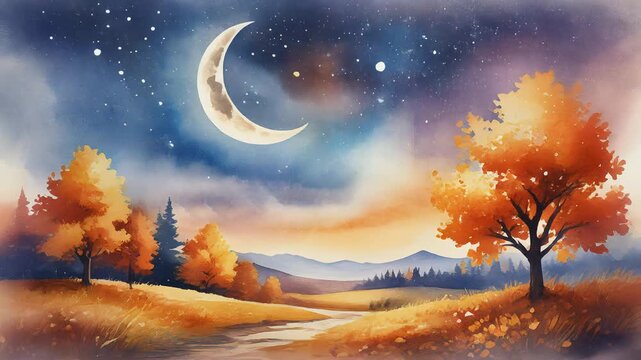 Watercolor Autumn Landscape at Night with Moon 4K Generative AI