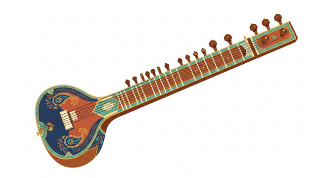 Traditional ornate Indian sitar with intricate patterns, isolated on a white background. Perfect for music concepts.