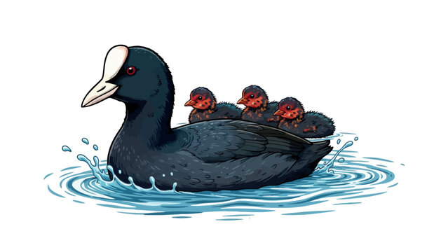 Vsai coot swimming with chicks on its back