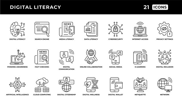 Digital Literacy Line Art Icons Pack for Online Education and Technology Vector Illustration