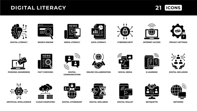 Digital Literacy Solid Glyph Icons Pack for Online Education and Technology Vector Illustration