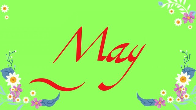 May Month Typographic Title in Red Cursive Script with Floral Corners on Bright Green Background