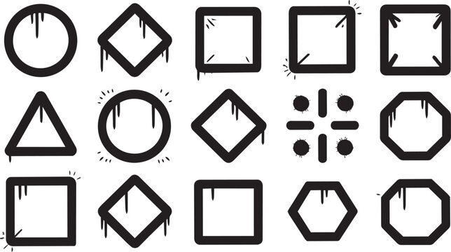 Hand drawn graffiti frames with overspray, black spray paint oval and circle shapes with drips and splatters. Grunge ink border, spray paint check mark and cross symbol, street art elements vector set