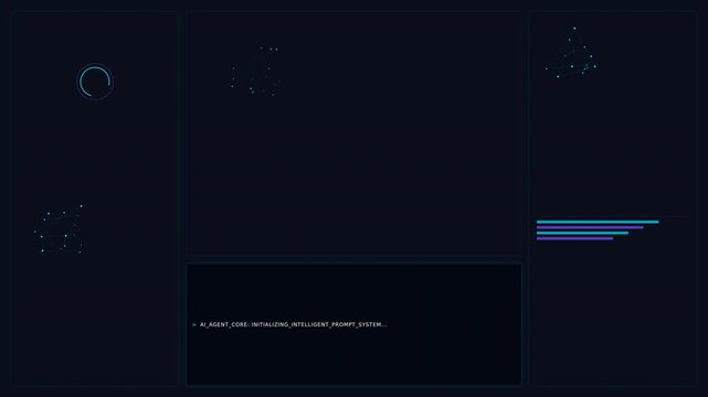 A dark digital interface displaying various geometric patterns, data points, and a central message box, suggestive of tech or research visualization