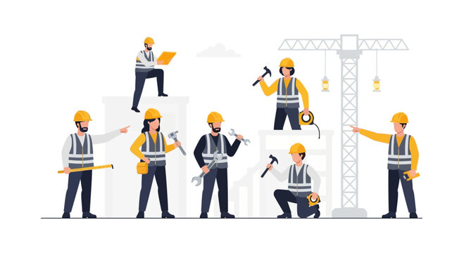 Construction Workers Team. Building site. Vector Illustration.