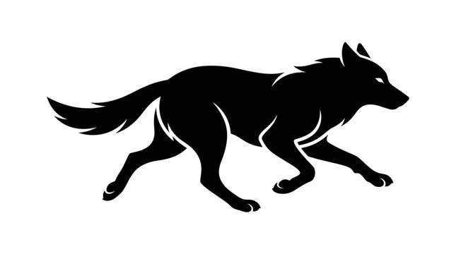 Agile wild wolf running in profile, isolated white background.