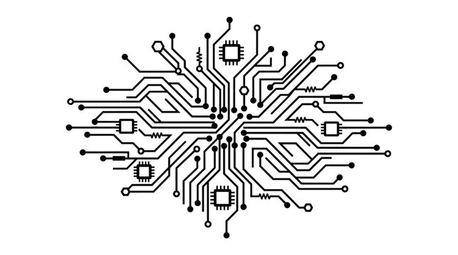 Detailed electronic circuit board with chips and connections, isolated white background.