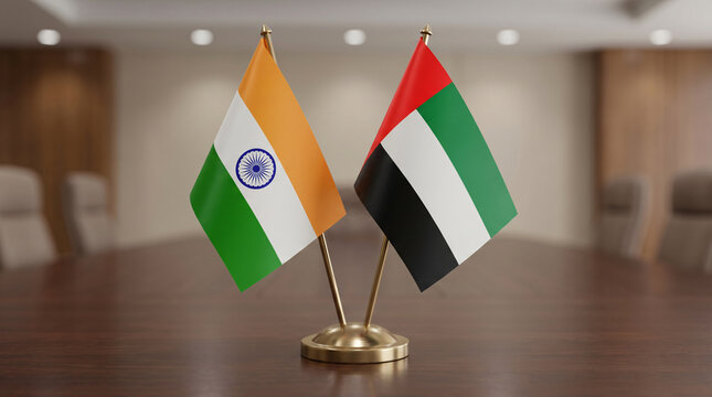 Miniature UAE And India Flags On Diplomatic Conference Table Geopolitical Cooperation Concept JPG