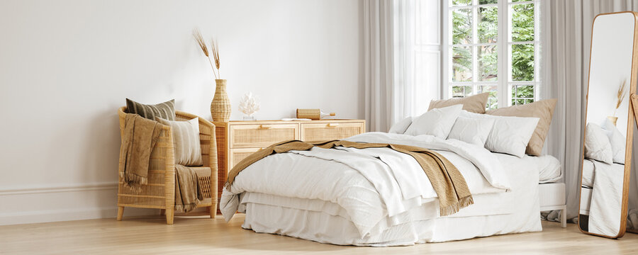 Coastal bedroom interior background with rattan furniture, wall mockup, 3d render