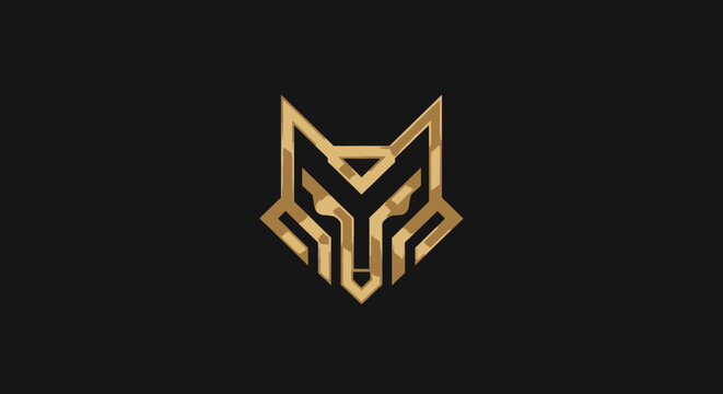 A minimalist stylized fox head logo in golden brown color with faceted geometric design enhanced against black