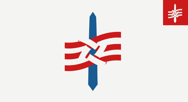Stylized emblem with a sword through a ribbon-like design and a flag in upper right