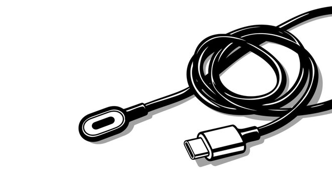 Black usb c cable in a knotted arrangement on white background