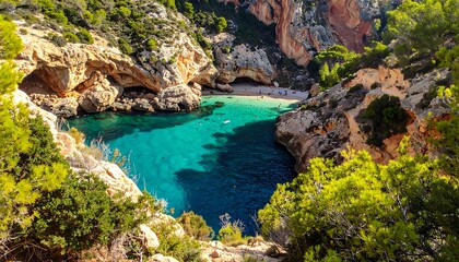 Fototapeta premium A serene turquoise bay nestled among rugged cliffs and lush greenery