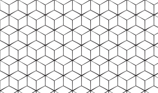 Seamless geometric cube pattern with minimalist hexagon grid lines, modern abstract monochrome background texture for wallpaper, packaging, textile and digital design 